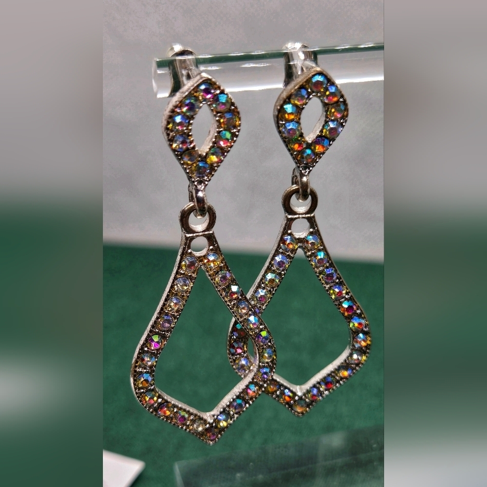 Silver Tone Multicolor AB Rhinestones Drop Earrings - Picture 2 of 16